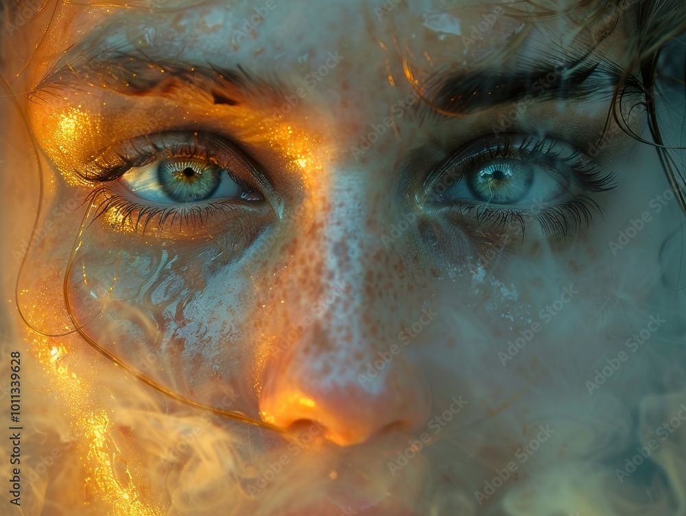 Close Up Portrait of a Woman with Blue Eyes and Golden Glitter Close Up Portrait of a Woman with Blue Eyes and Golden Glitter