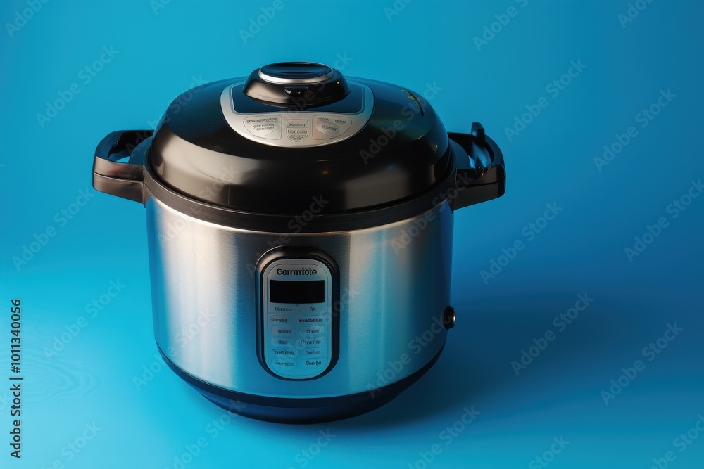Modern multi-cooker on a blue background showcasing its sleek design and control panel Modern multi-cooker on a blue background showcasing its sleek design and control panel