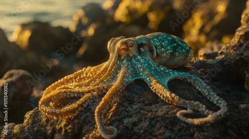 A blue and brown octopus with large eyes rests on a rocky beach at sunset.