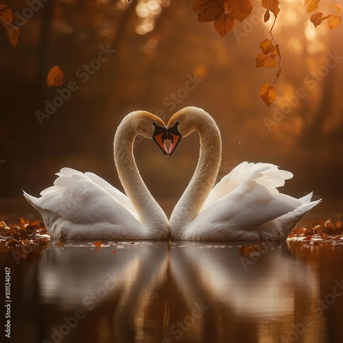 Two swans gracefully intertwine their necks, forming a heart shape in the middle of a calm pond surrounded by autumn leaves Golden hour lighting, mediumclose shot photo