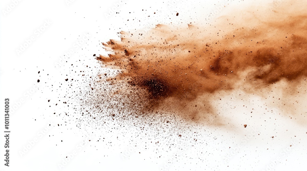 A vibrant explosion of brown dust forms striking patterns on a white backdrop ideal for a range of creative endeavors A vibrant explosion of brown dust forms striking patterns on a white backdrop ideal for a range of creative endeavors