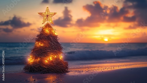 A Christmas tree made of straw and adorned with fairy lights stands on the beach