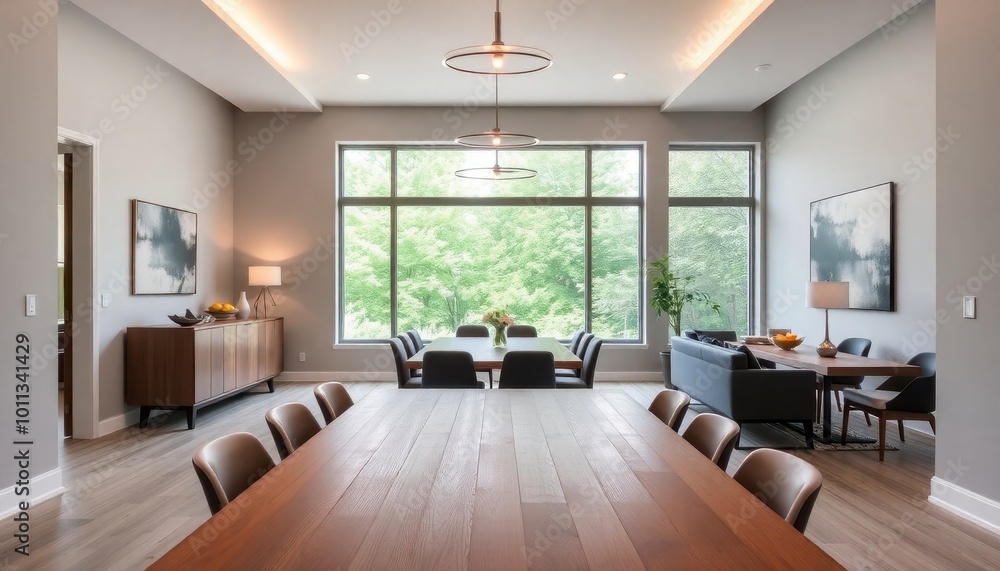 Fototapeta premium Open dining space with rustic wooden table set for a meal, bathed in warm, natural light filtering through large windows, showcasing an inviting and cozy atmosphere.
