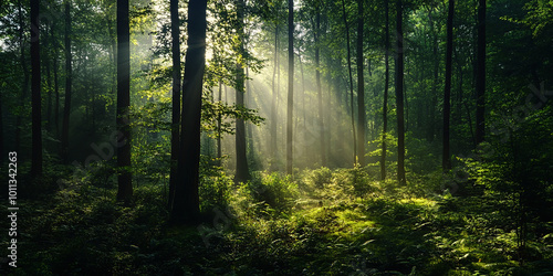 Ethereal enchanted forest with dense vegetation, towering trees, and a soft mist illuminated by magical light. Generative AI