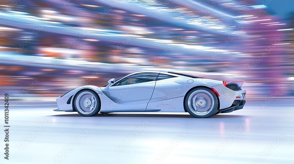 Obraz premium Sleek sports car speeding through a blurred cityscape at night, with motion blur and panning effect, ample copy space for text, high-end magazine photography, deep depth of field, Product photography
