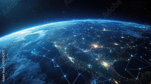 Hexagonal map of the Earth over a globe satellite Representation of worldwide connectivity through contemporary technology Concept of GPS and internet in modern telecommunications