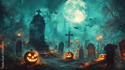 Spooky Halloween background featuring a dark night scene with jack o lanterns eerie graves and ghostly elements in a gothic cemetery under a mysterious moonlit sky