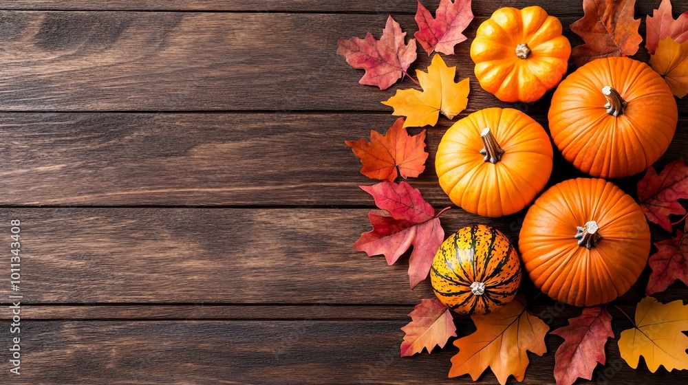 Autumn Still Life. Vibrant Pumpkins and Colorful Maple Leaves on Rustic Wooden Background. Autumn Still Life. Vibrant Pumpkins and Colorful Maple Leaves on Rustic Wooden Background.