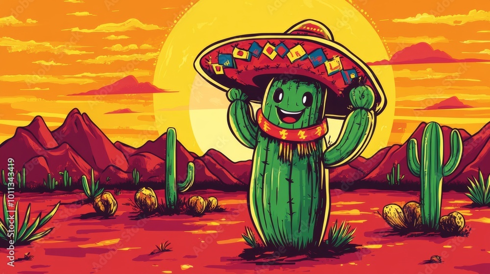 A smiling cactus with a sombrero and a scarf stands in a desert landscape at sunset. A smiling cactus with a sombrero and a scarf stands in a desert landscape at sunset.