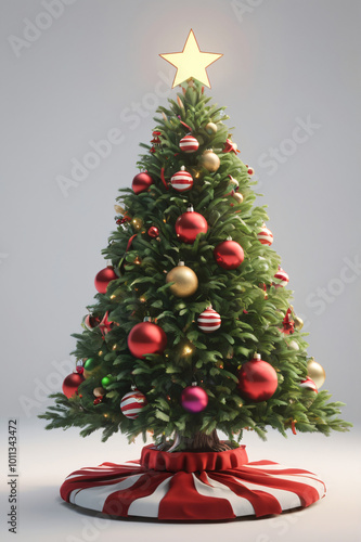 3d render of a christmas tree decorated with lights and balls, isolated