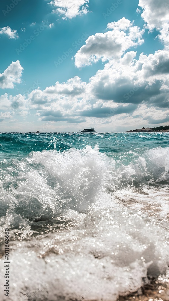 Fototapeta premium Photo of a turquoise sea with crashing waves, symbolizing the vastness and depth of oceanic power