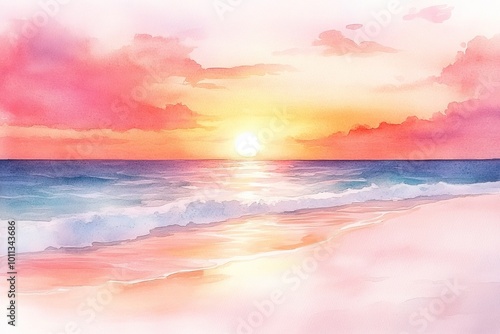 A beautiful watercolor painting of a sunset over the ocean with soft waves and serene colors.