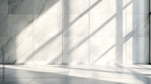 A polished white marble wall displaying smooth stone textures and diagonal sunlight shadows, highlighting luxurious minimalist design and architectural details in high contrast lighting.