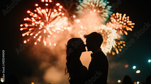 Silhouette of romantic couple kissing against vibrant fireworks, perfect for celebrations, love themes, weddings, and New Year's Eve events. photo