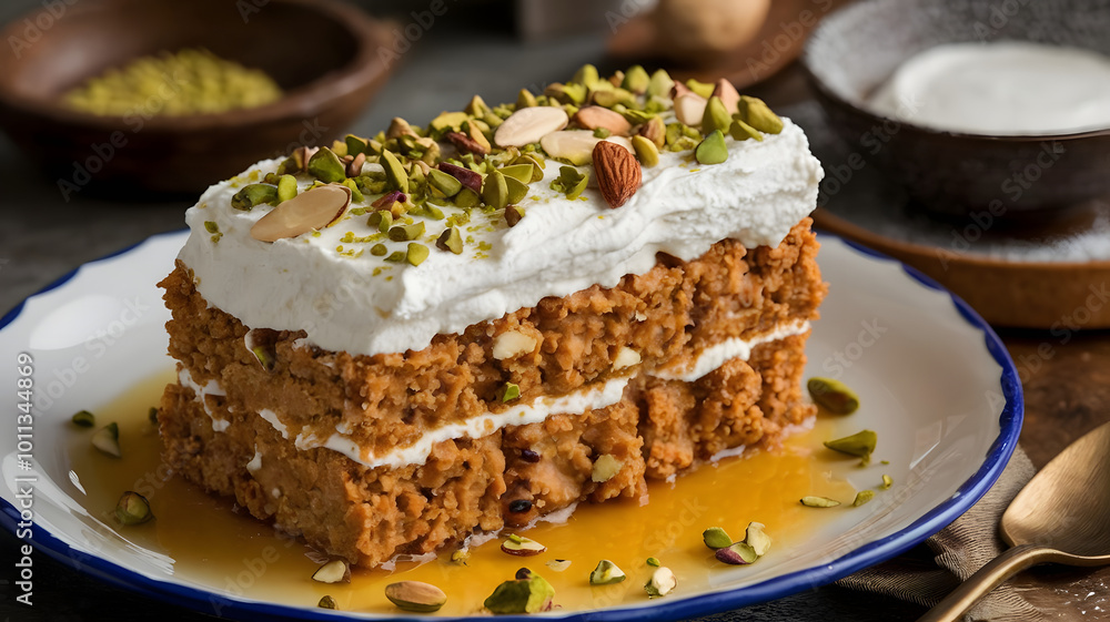 A creamy plate of Mafroukeh, a semolina dessert topped with whipped cream and garnished with crushed pistachios and almonds, finished with a drizzle of syrup for a rich, luxurious touch.
A creamy plate of Mafroukeh, a semolina dessert topped with whipped cream and garnished with crushed pistachios and almonds, finished with a drizzle of syrup for a rich, luxurious touch.