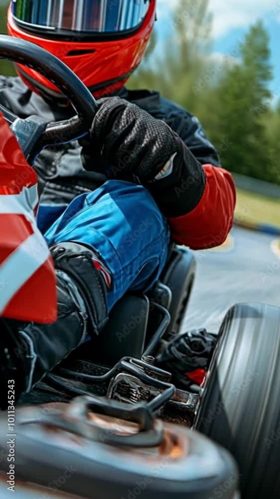 A close-up of a go-kart racer gripping the steering wheel on a track. A close-up of a go-kart racer gripping the steering wheel on a track.