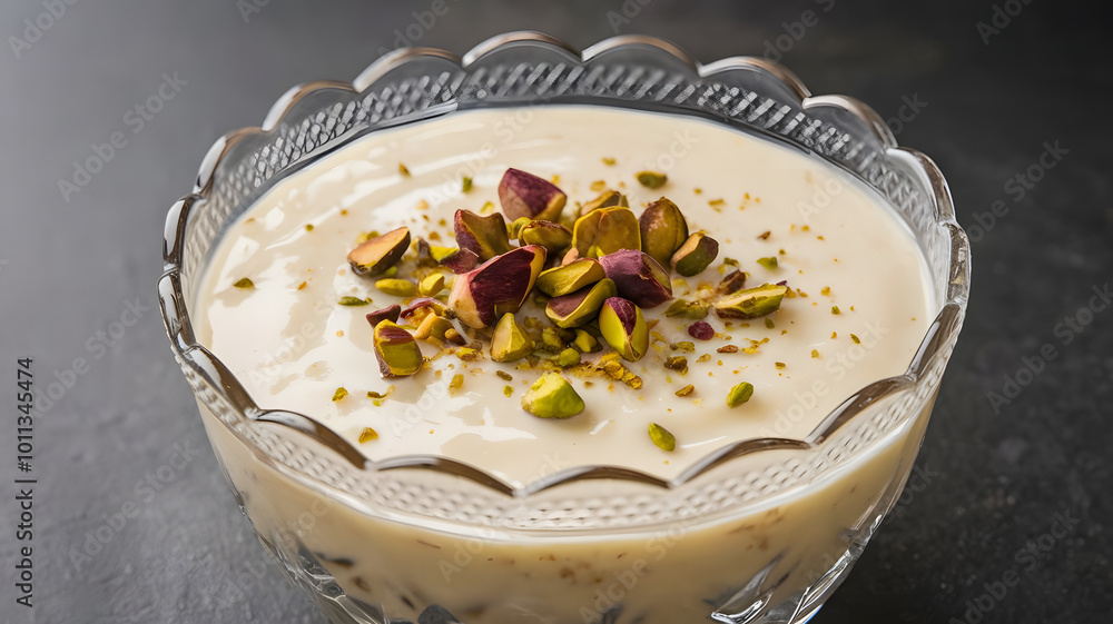 A delicate glass bowl of Muhalabia, a creamy rice pudding with a silky texture, garnished with chopped pistachios and rosewater for an elegant, fragrant touch.
A delicate glass bowl of Muhalabia, a creamy rice pudding with a silky texture, garnished with chopped pistachios and rosewater for an elegant, fragrant touch.
