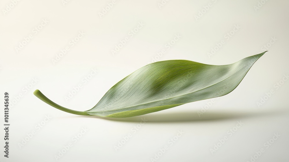 Fototapeta premium An elegant, single leaf with a smooth surface and subtle curves, isolated on a bright white background.