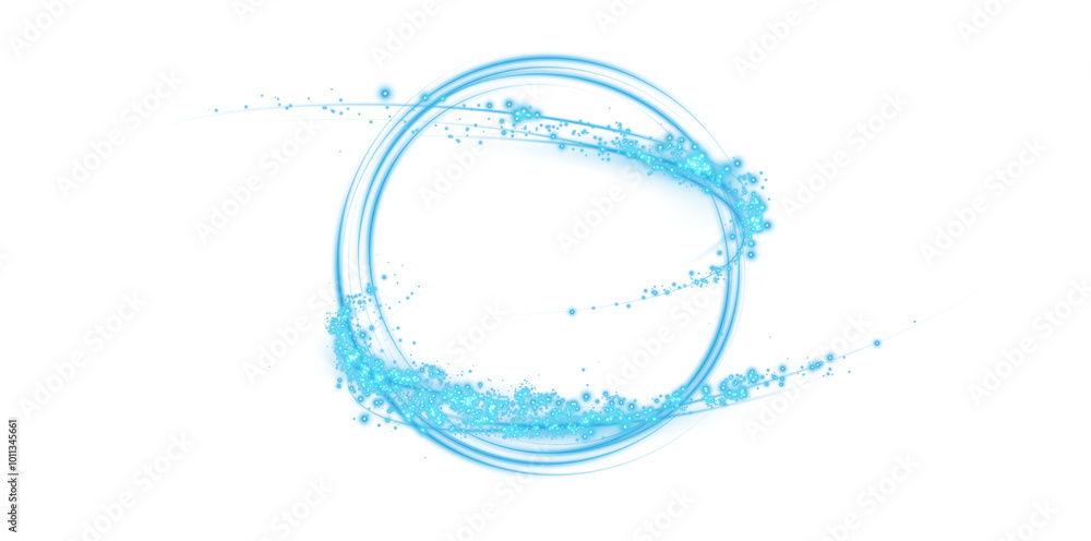 Magical fantasy portal. Round light frame, with fine dust particles, futuristic teleporter. Blue neon lights illuminate night scene with sparkles. Lighting effect. Blue round holograms with beams of l