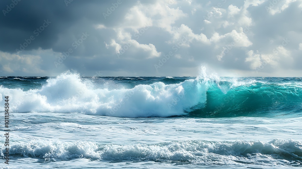 Obraz premium Photo of a turquoise sea with crashing waves, symbolizing the vastness and depth of oceanic power