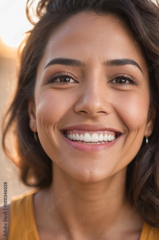 Portrait of smiling woman with brown hair and eyes Portrait of smiling woman with brown hair and eyes