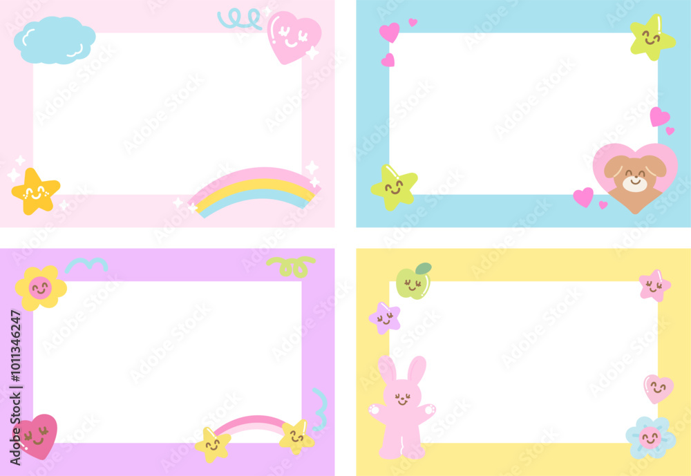 Pastel frames with puppy, rabbit, heart, rainbow, star, cloud for polaroid frame, banner, floral print, ad template, social media post, post card, name tag, sticker, zoo, souvenir shop, animals Pastel frames with puppy, rabbit, heart, rainbow, star, cloud for polaroid frame, banner, floral print, ad template, social media post, post card, name tag, sticker, zoo, souvenir shop, animals