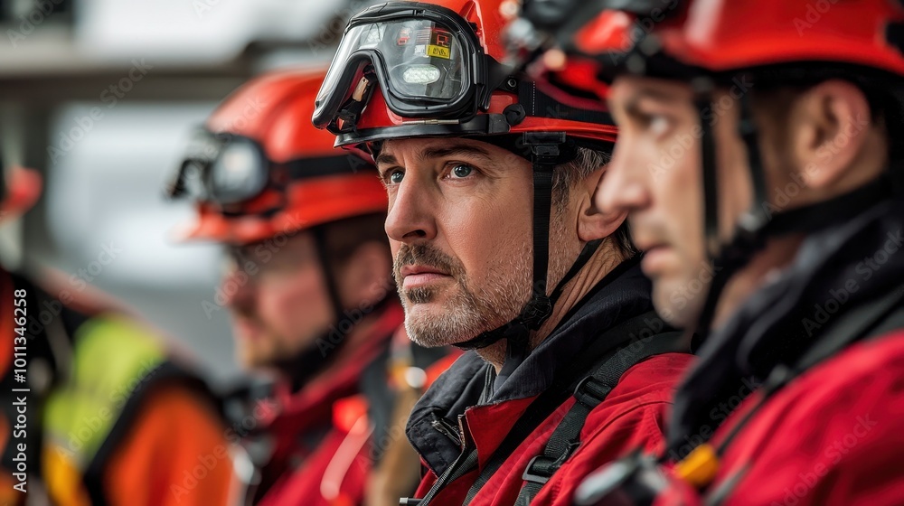 An emergency response team preparing for a drill, equipped with communication devices and protective gear. An emergency response team preparing for a drill, equipped with communication devices and protective gear.