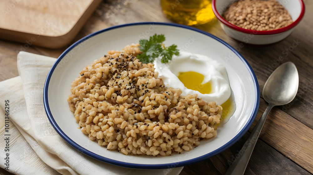 A hearty plate of Majrashah made from coarsely ground wheat or barley, drizzled with olive oil and accompanied by labneh or yogurt for a simple, rustic meal.
A hearty plate of Majrashah made from coarsely ground wheat or barley, drizzled with olive oil and accompanied by labneh or yogurt for a simple, rustic meal.