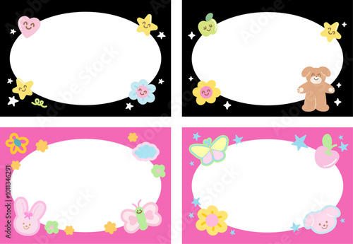 Cute frames with puppy, bunny, butterfly, flowers, heart, star, apple for polaroid frame, banner, back to school, template, social media post, post card, name tag, sticker, zoo, souvenir shop, animal