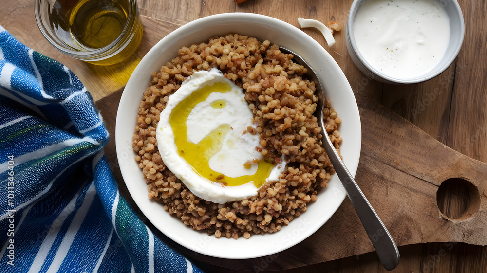 A hearty plate of Majrashah made from coarsely ground wheat or barley, drizzled with olive oil and accompanied by labneh or yogurt for a simple, rustic meal.
A hearty plate of Majrashah made from coarsely ground wheat or barley, drizzled with olive oil and accompanied by labneh or yogurt for a simple, rustic meal.