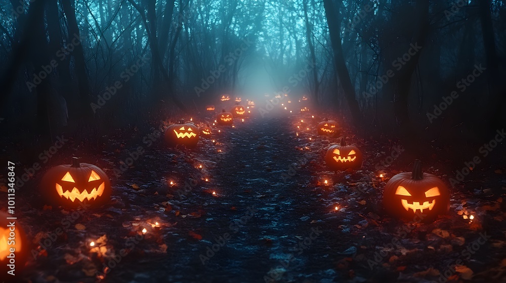 A spooky Halloween night scene with glowing jack-o'-lanterns lining a misty forest path, illuminated by eerie moonlight and bare tree silhouettes, creating a mysterious ambiance. A spooky Halloween night scene with glowing jack-o'-lanterns lining a misty forest path, illuminated by eerie moonlight and bare tree silhouettes, creating a mysterious ambiance.