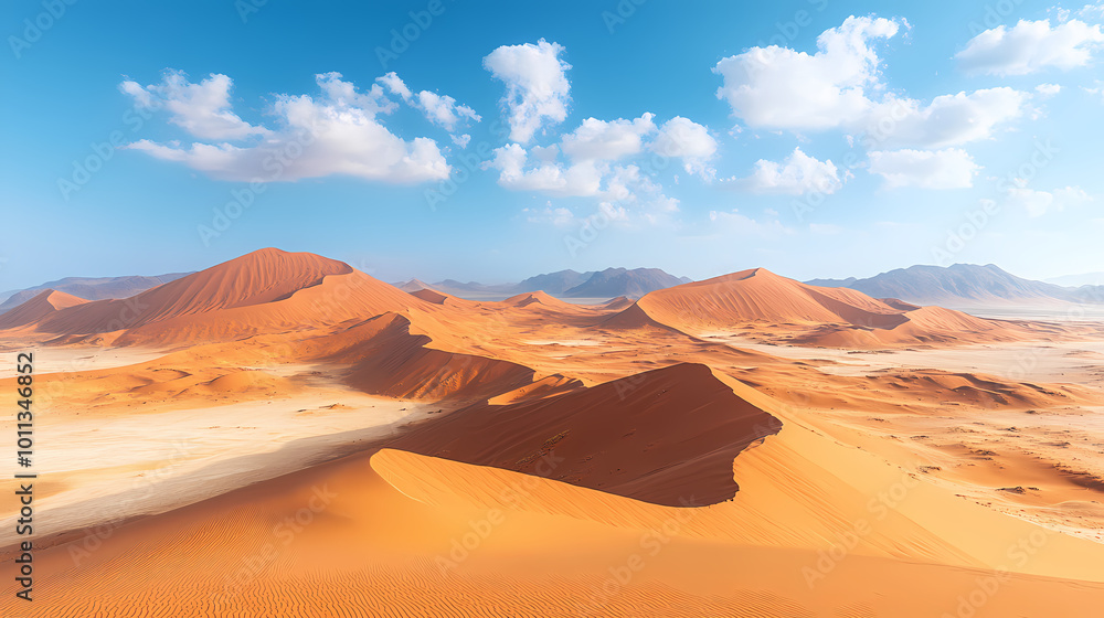 Naklejka premium An aerial view of the Sahara desert at sunset. A panorama of desert landscape.