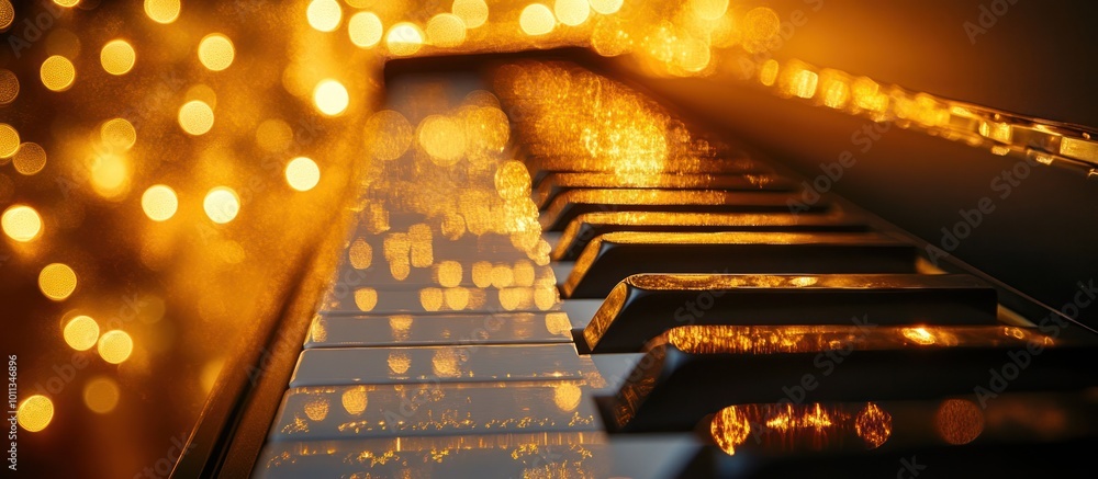 Close-up of piano keys with golden bokeh lights in the background.