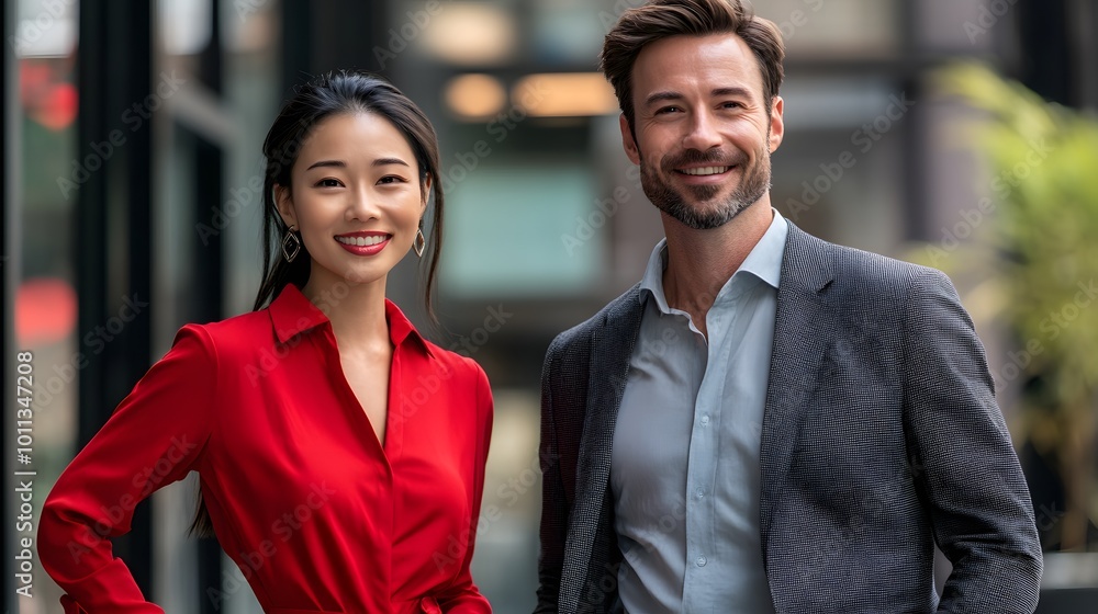 A man and a woman in business attire smiling at the camera A man and a woman in business attire smiling at the camera