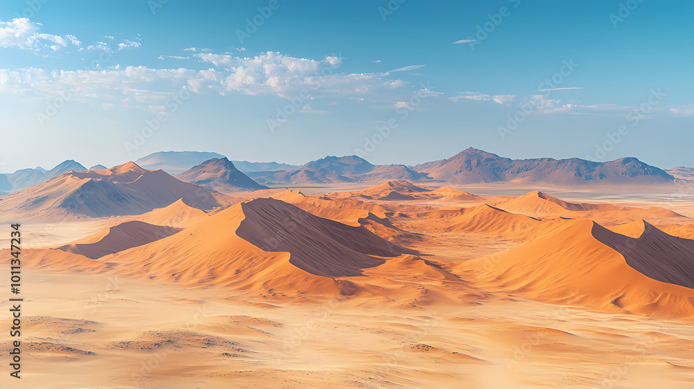 Naklejka premium An aerial view of the Sahara desert at sunset. A panorama of desert landscape.