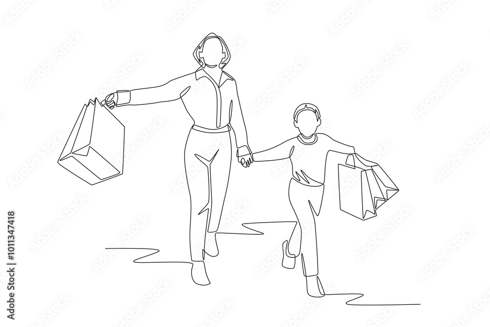 Mother and son shopping. Shopping with family concept one-line drawing Mother and son shopping. Shopping with family concept one-line drawing