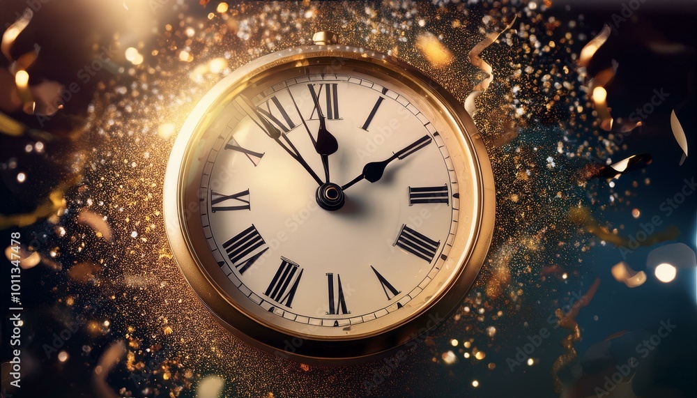 A clock striking midnight, surrounded by a cascade of glitter and confetti, symbolizing the excitement and magic of New Year celebrations A clock striking midnight, surrounded by a cascade of glitter and confetti, symbolizing the excitement and magic of New Year celebrations