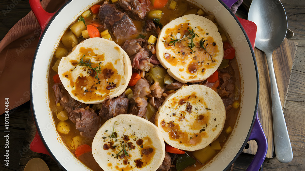 A large serving of Daghabees with flat discs of bread cooked in a rich meat and vegetable stew, absorbing the flavorful broth, and garnished with herbs for a hearty, comforting look.
A large serving of Daghabees with flat discs of bread cooked in a rich meat and vegetable stew, absorbing the flavorful broth, and garnished with herbs for a hearty, comforting look.