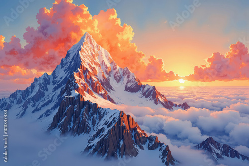 Majestic snow capped mountain peak surrounded by clouds at sunset photo