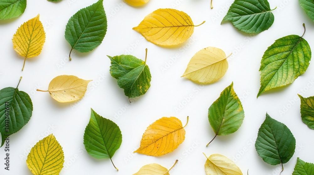 Obraz premium An overhead shot of green and yellow leaves scattered on a white background, creating a vibrant and cheerful composition.