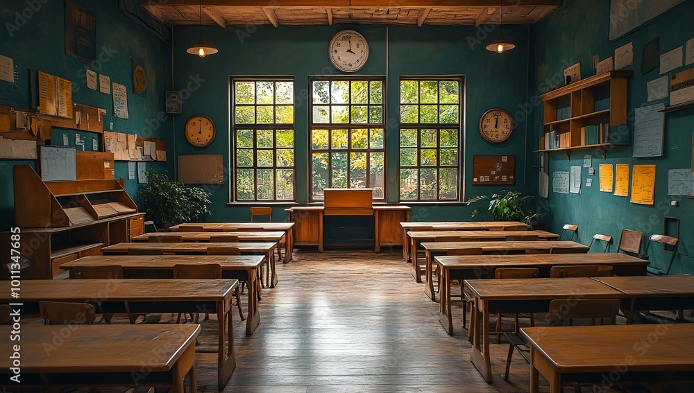 An empty classroom featuring neatly arranged desks and wall clocks, evoking a sense of quiet anticipation for learning. An empty classroom featuring neatly arranged desks and wall clocks, evoking a sense of quiet anticipation for learning.