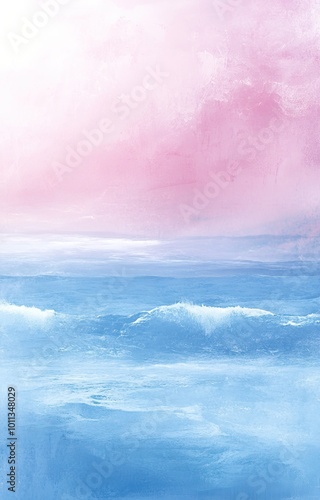 Serene seascape with soft pink and blue hues, capturing the calmness of ocean waves.