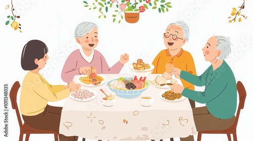 Elderly couples sharing a meal at a dining table, laughter, and food spread, warm family gathering atmosphere.