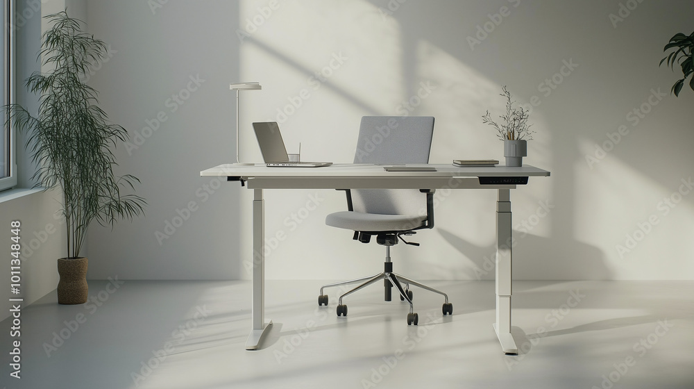 Minimalist office space with a standing desk, a clean white wall in the background, and a simple chair tucked to the side. Soft natural light fills the room Minimalist office space with a standing desk, a clean white wall in the background, and a simple chair tucked to the side. Soft natural light fills the room