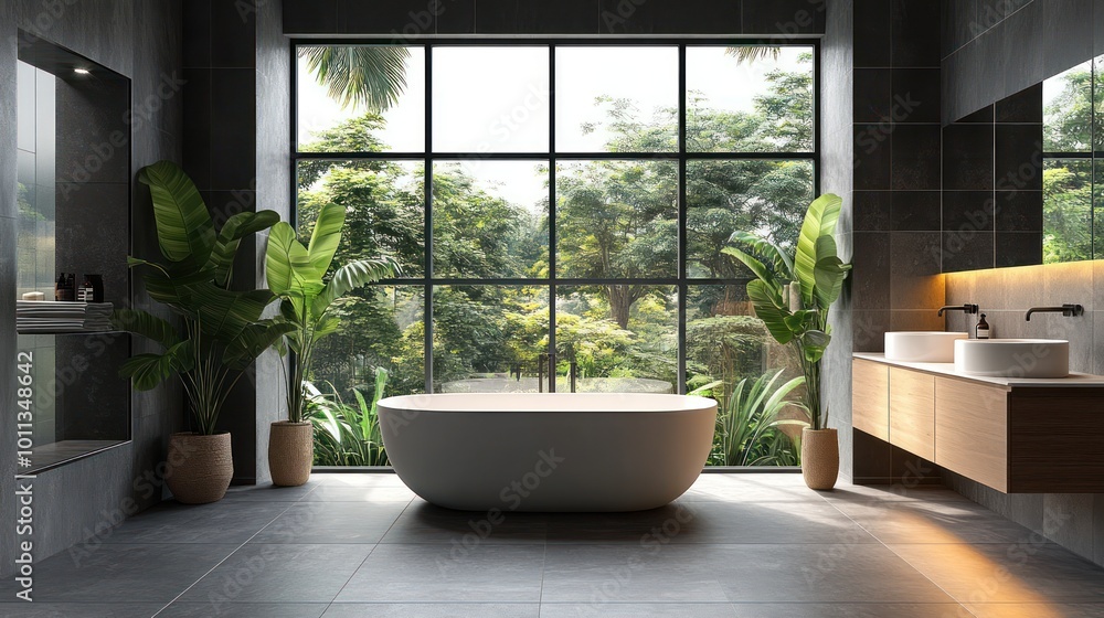 Modern bathroom with freestanding bathtub, large window and tropical plants. Modern bathroom with freestanding bathtub, large window and tropical plants.