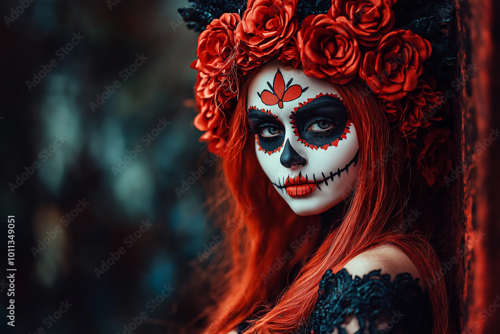 Woman with elaborate Day of the Dead makeup and red floral crown, perfect for cultural festivals, Día de los Muertos celebrations, and Halloween events. Woman with elaborate Day of the Dead makeup and red floral crown, perfect for cultural festivals, Día de los Muertos celebrations, and Halloween events.