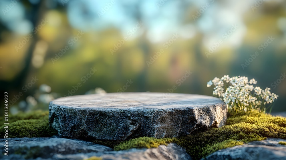 A stone pedestal resting on a mossy rock under a blue sky, surrounded by a softly blurred forest, perfect for product display in a serene nature setting. A stone pedestal resting on a mossy rock under a blue sky, surrounded by a softly blurred forest, perfect for product display in a serene nature setting.