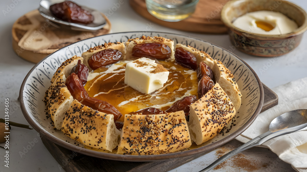 A serving of Southern Yemeni Areeka, a mix of mashed dates and bread in a large, flat dish, topped with honey, butter, and sprinkled with black sesame seeds and cinnamon for enhanced presentation.
A serving of Southern Yemeni Areeka, a mix of mashed dates and bread in a large, flat dish, topped with honey, butter, and sprinkled with black sesame seeds and cinnamon for enhanced presentation.