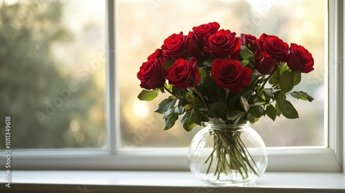 Wallpaper Mural A bouquet of red roses placed in a glass vase on a windowsill, with natural light streaming in, creating a soft, romantic atmosphere. Torontodigital.ca