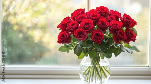 Wallpaper Mural A bouquet of red roses placed in a glass vase on a windowsill, with natural light streaming in, creating a soft, romantic atmosphere. Torontodigital.ca